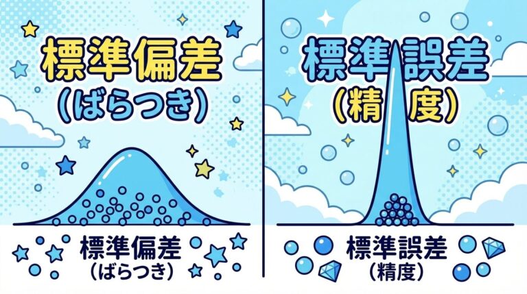 標準誤差とは？標準偏差との違いと求め方SE＝σ/√nを図解｜エラーバーの使い分けと計算ツール付き