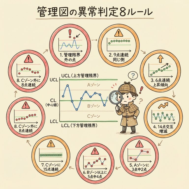 【QC検定】管理図の異常判定ルール8つを完全図解｜これが出たら要注意！