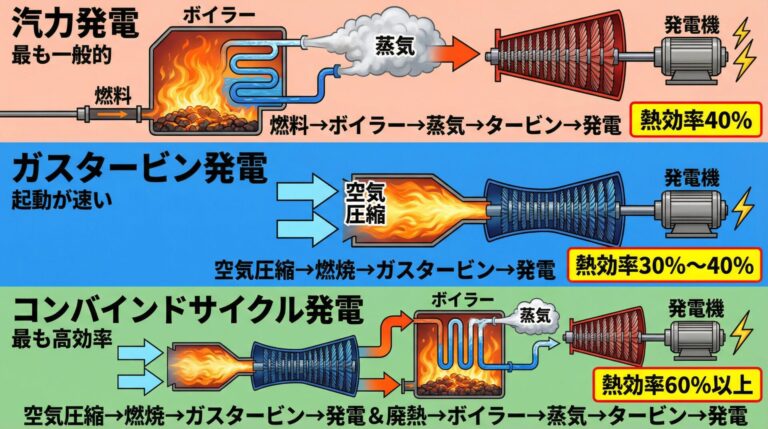 火力発電の仕組みとは？汽力・ガスタービン・コンバインドの違いと熱効率を図解