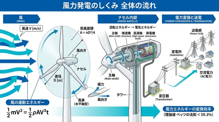 風力発電の仕組み｜出力が風速の3乗に比例する理由と風車の種類を図解