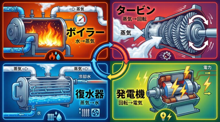 火力発電所の主要機器｜ボイラー・タービン・復水器・給水ポンプを完全図解