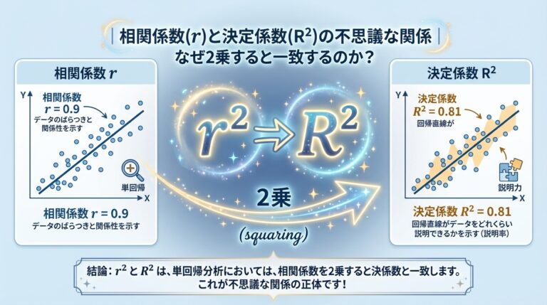 相関係数(r)と決定係数(R2)の不思議な関係｜なぜ2乗すると一致するのか？