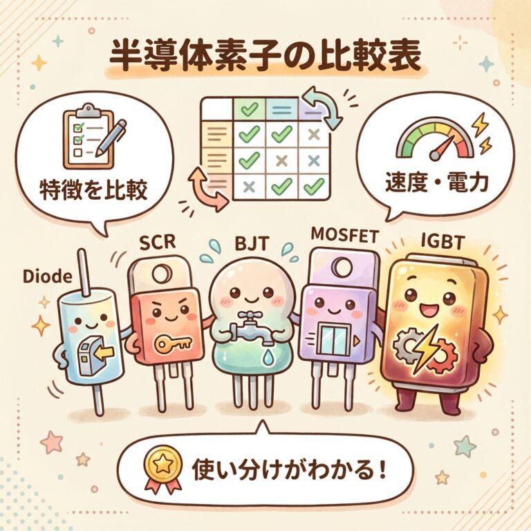 半導体素子の比較表｜ダイオード・サイリスタ・GTO・BJT・MOSFET・IGBTの違い