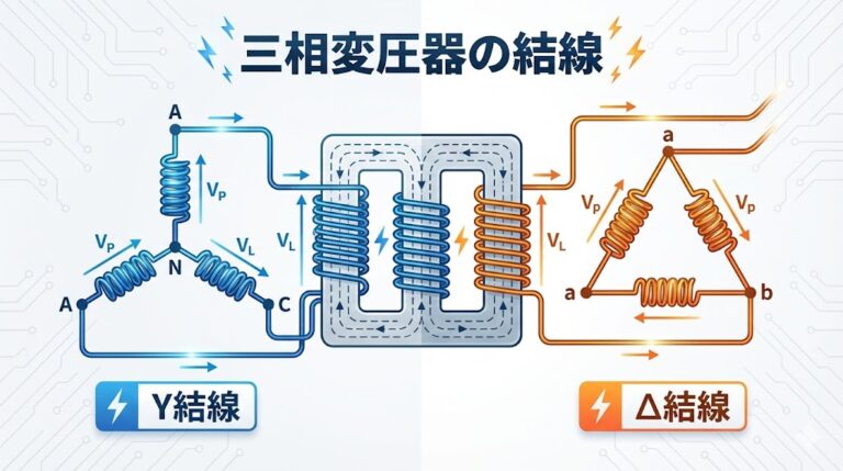 三相変圧器の結線｜Y-Y・Y-Δ・Δ-Y・Δ-Δ・V結線の特徴と位相差を図解｜計算ツール付き