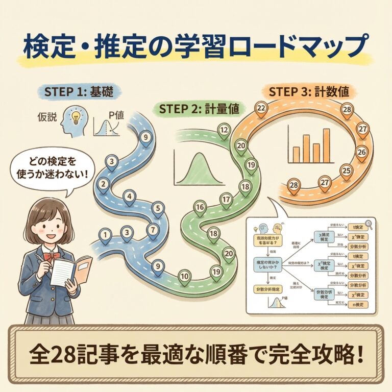 検定・推定の学習ロードマップ｜どの検定を使うか迷わない読む順と選び方ツール