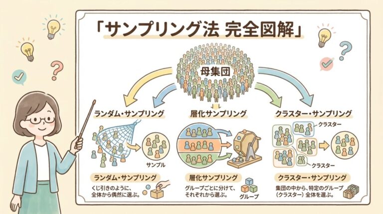 サンプリング法の種類と違い｜単純無作為・層別・集落・2段抽出を図解