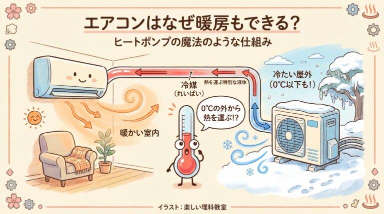 【完全図解】エアコンはなぜ暖房もできる？｜ヒートポンプの「魔法のような」仕組みを中学生でもわかるように解説