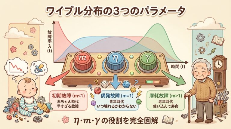 ワイブル分布の3つのパラメータ η・m・γ の役割｜「壊れ方のクセ」「寿命のスケール」「壊れない期間」を人間の一生で理解する