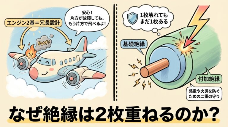 【完全図解】基礎絶縁・強化絶縁・二重絶縁の「なぜ」｜1枚で足りるのに2枚重ねる理由を航空機のエンジンで理解する
