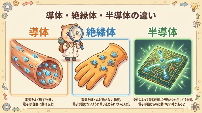 導体・絶縁体・半導体の違い｜なぜ金属は電気を通し、ゴムは通さないのか