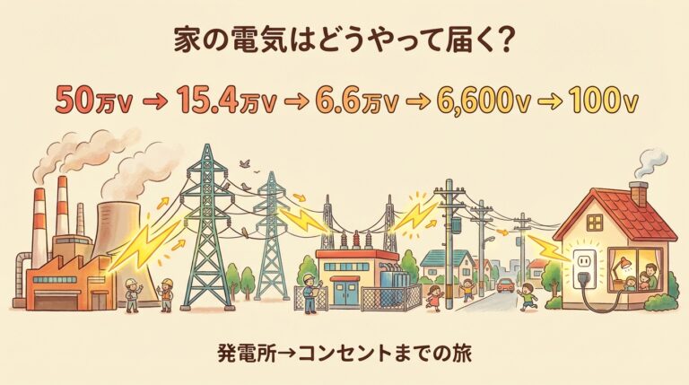 家の電気はどうやって届く？発電所→送電線→変電所→コンセントまでの旅を図解