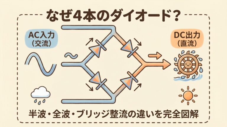 【完全図解】なぜ整流にダイオードブリッジを使うのか？｜半波・全波・ブリッジ整流の違いを「水車」で理解する