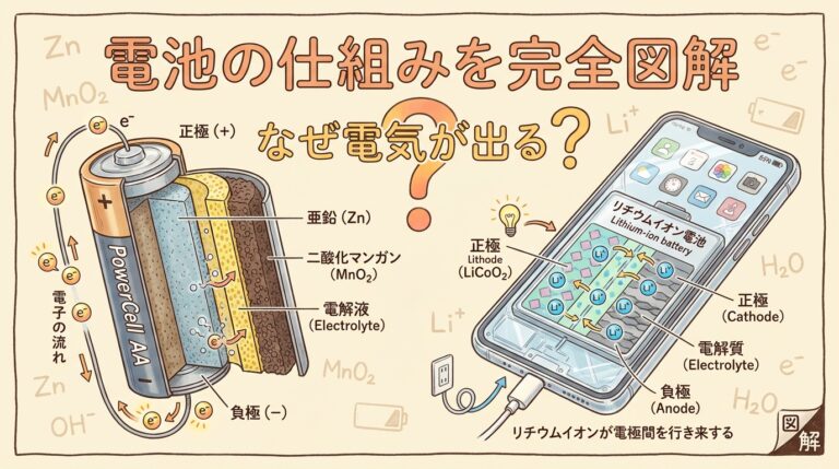 電池はなぜ電気を出せる？乾電池・リチウムイオン電池の仕組みを化学反応で理解する