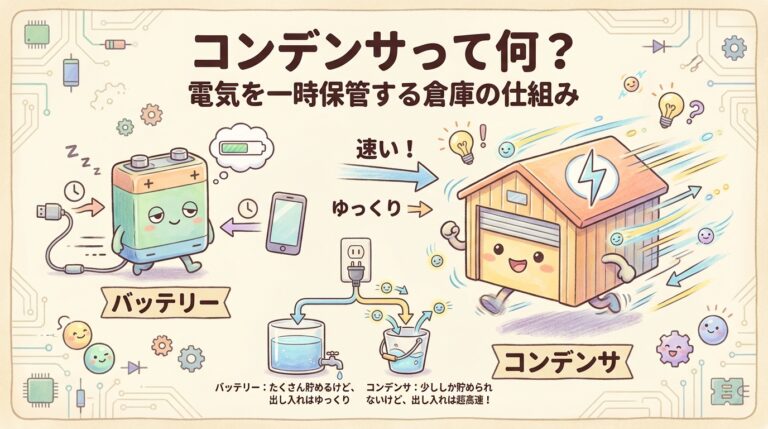 コンデンサとは？仕組みと種類、電池（バッテリー）との3つの違いを図解