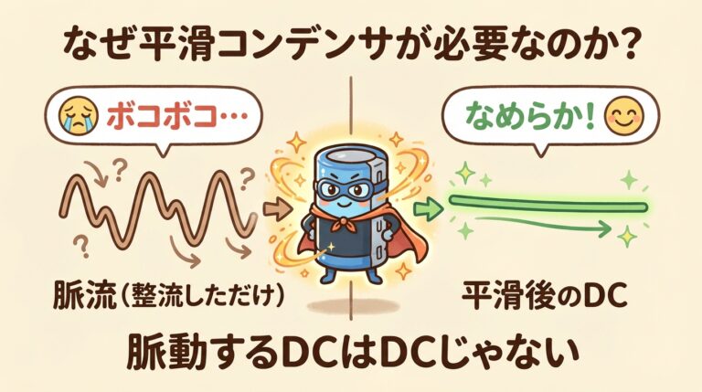 【完全図解】なぜ整流後に平滑コンデンサが必要なのか？｜「脈動するDC」はDCじゃない。波打つ電圧をなめらかにする仕組みを初心者向けに徹底解説