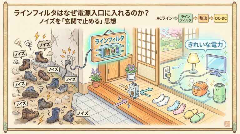 ラインフィルタ（EMIフィルタ）とは？Xコンデンサ・Yコンデンサ・コモンモードチョークの役割を図解｜計算ツール付き