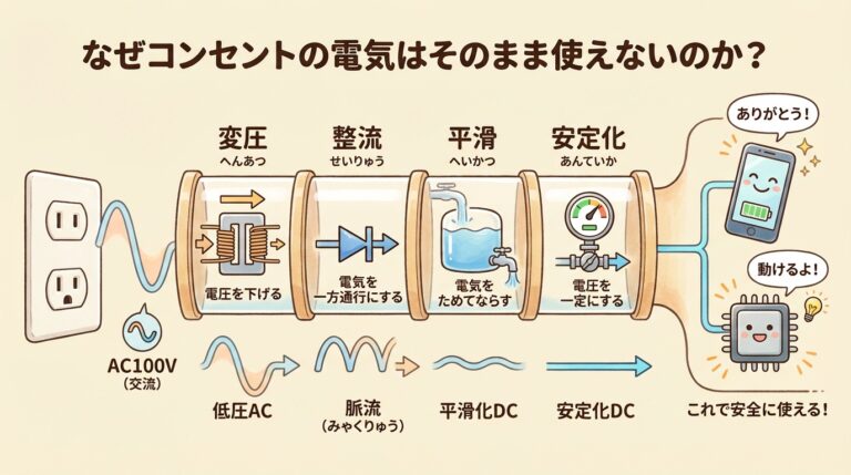 なぜコンセントの電気はそのまま使えないのか？｜AC100Vから機器が動くDCになるまでの全体像