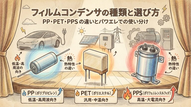 フィルムコンデンサの種類と選び方｜PP・PET・PPSの違いとスナバ・DCリンクでの使い分け