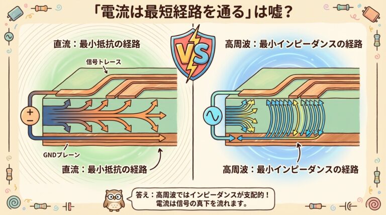 「電流は最短経路を通る」は嘘？｜高周波電流の帰路とループ面積の真実をGNDプレーンで理解する