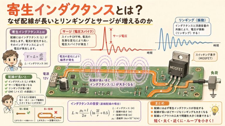寄生インダクタンスとは？配線1cmで何nHかとサージの計算を図解