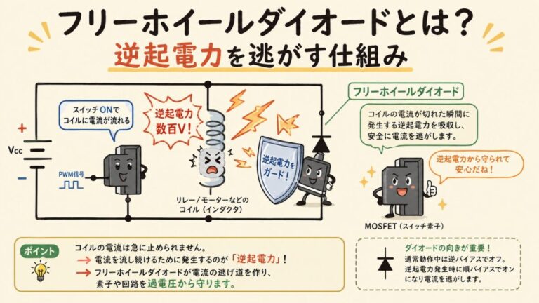 フリーホイールダイオードとは？モータ・リレーの逆起電力を逃がす仕組み