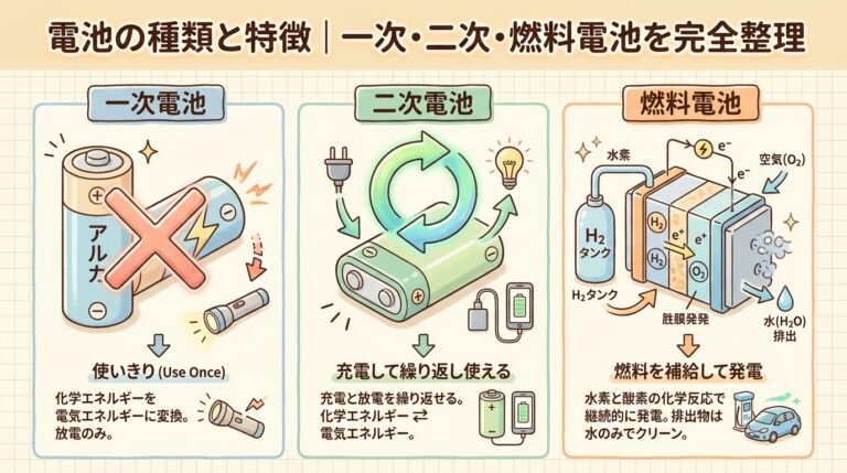 電池の種類一覧｜一次電池・二次電池・燃料電池の違いと特徴を比較表で図解