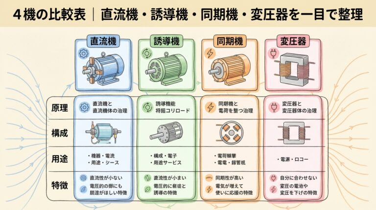 4機の比較表｜直流機・誘導機・同期機・変圧器の構造と特性を一目で整理