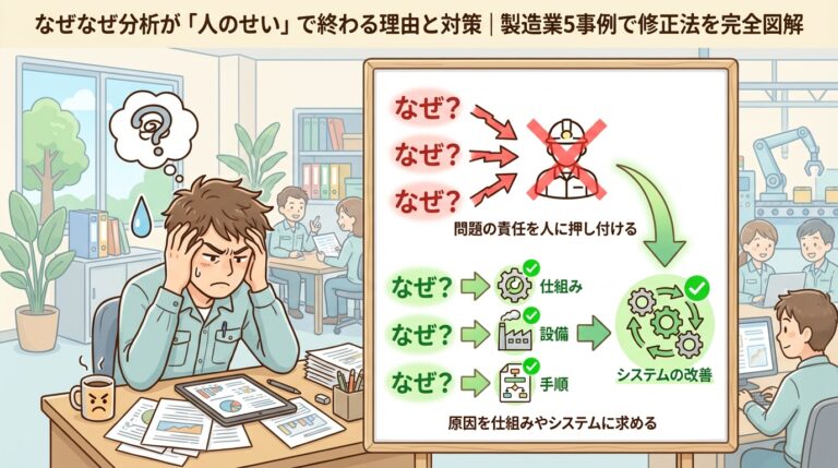 なぜなぜ分析が「人のせい」で終わる理由と対策｜製造業5事例で修正法を完全図解