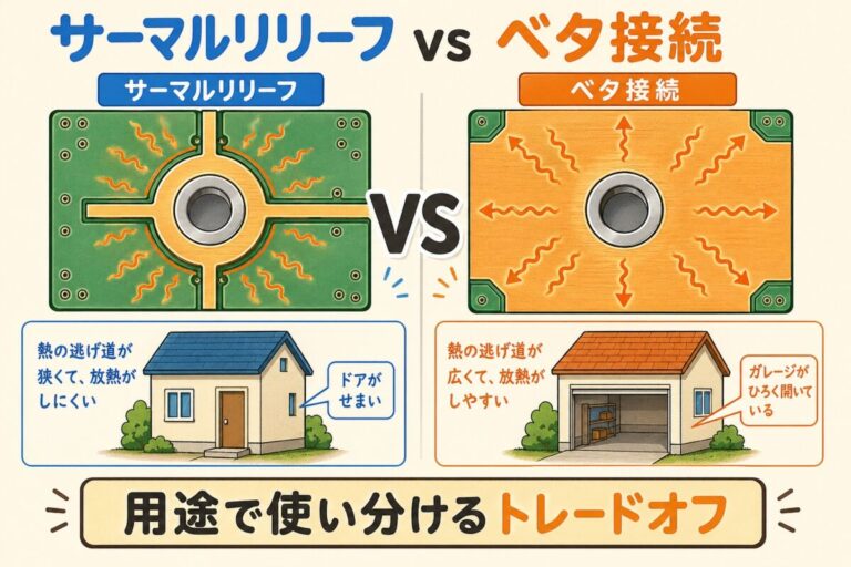 サーマルリリーフとベタ接続の使い分け｜はんだ付け性と放熱のトレードオフ