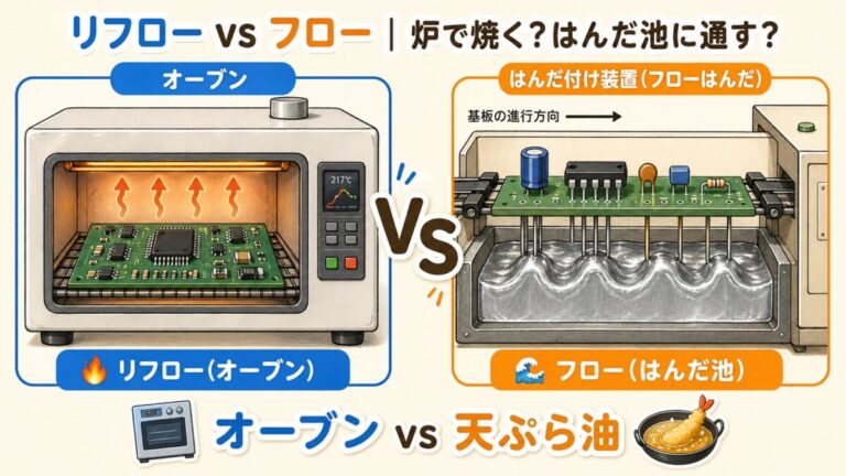 【完全図解】リフロー実装とフロー実装の違い｜炉で温める vs はんだ池に通す