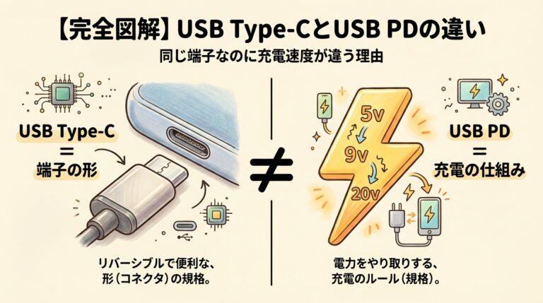 【完全図解】USB Type-CとUSB PDの違い｜「同じ端子なのに充電速度が違う」を初心者が5分で理解するガイド
