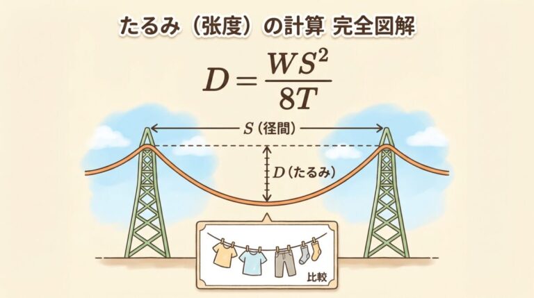 たるみ（弛度）の計算｜公式D=WS²/8Tを「洗濯物干し」で完全理解する