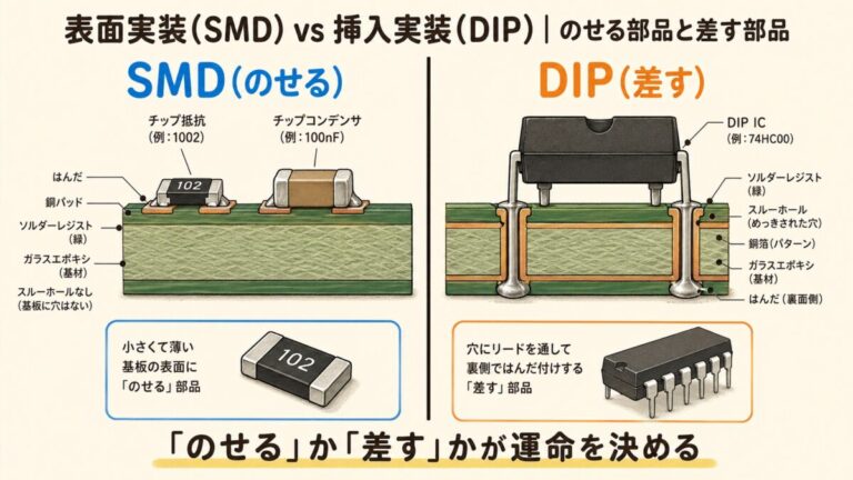 表面実装(SMD)と挿入実装(DIP)の違い｜「のせる部品」と「差す部品」の使い分け