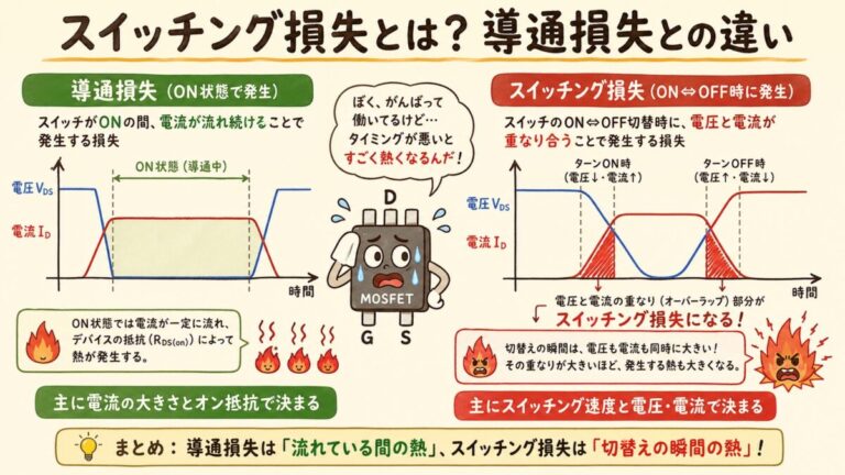 【完全図解】スイッチング損失とは？｜導通損失との違いとMOSFETでのざっくり計算