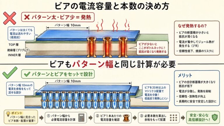ビアの電流容量と本数の決め方｜1個何A？抵抗・発熱の計算と配置