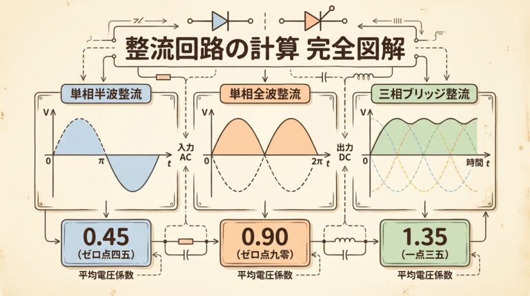 整流回路の計算｜単相半波0.45・全波0.9・三相1.35の出力電圧を図解（計算ツール付き）