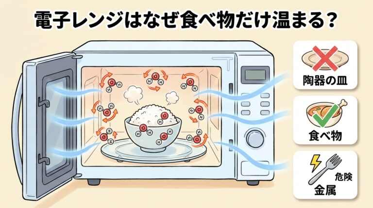 電子レンジはなぜ食べ物だけ温まる？｜「マイクロ波」が水分子を揺さぶる仕組みを中学生でもわかるように解説