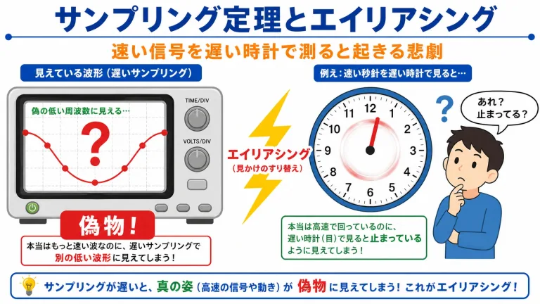 サンプリング定理とエイリアシング｜速い信号を遅い時計で測ると起きる悲劇
