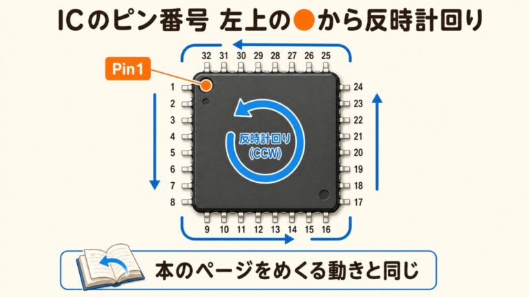 ICのピン番号・ピン配置の見方｜1番ピンから反時計回りで数える
