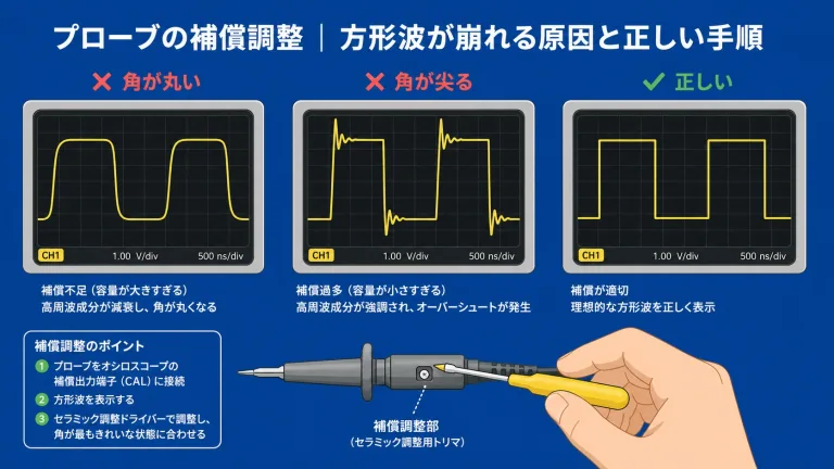 プローブの校正と補償調整｜「方形波が崩れる」原因と正しい調整手順