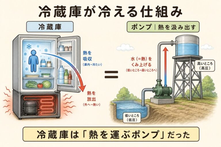 冷蔵庫が冷える仕組み｜気化熱とコンプレッサーの働きをエアコンと比較