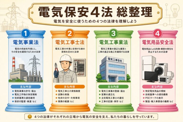電気保安4法を1記事で総整理｜事業法・工事士法・工事業法・用品安全法
