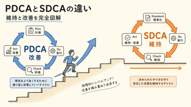PDCAサイクルとは？SDCAとの違いと使い分けを比較表と製造業の例で図解