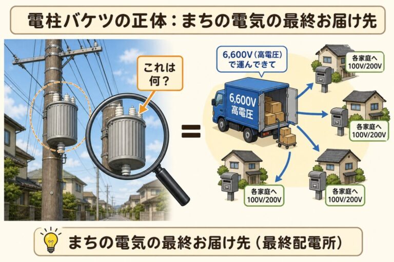 電柱のバケツの正体は「柱上変圧器」｜中身・役割・1台で何軒に送るかを図解