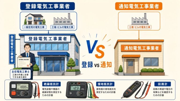 電気工事業法を完全攻略｜登録・通知・主任電気工事士の違いを図解