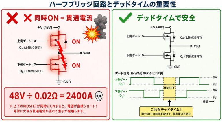 【完全図解】ハーフブリッジ・フルブリッジ駆動の基本｜貫通電流を防ぐ設計