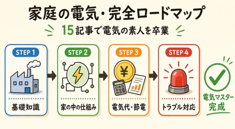 【完全保存版】家庭の電気がぜんぶわかる学習ロードマップ｜15記事で「電気代・分電盤・トラブル」を制覇