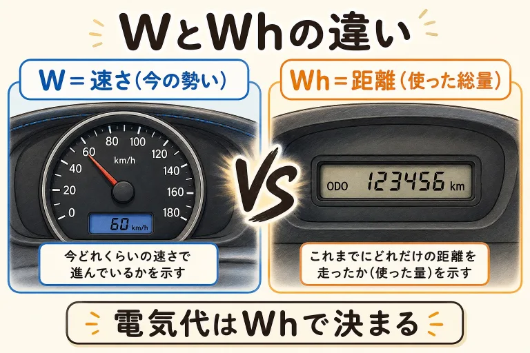 WとWhの違い｜電力と電力量を「速さと距離」で図解