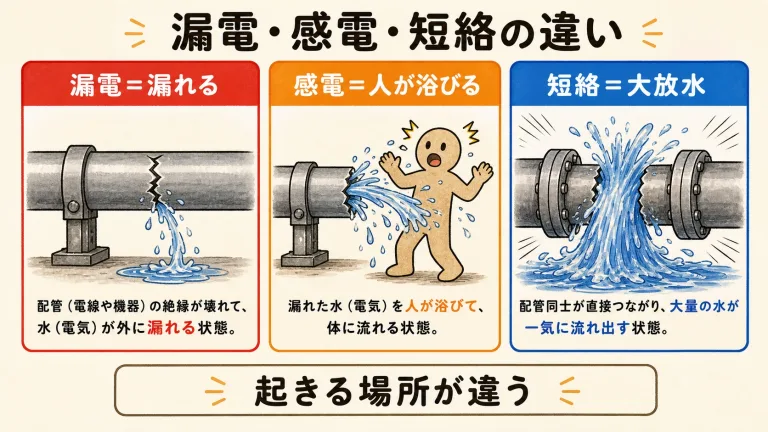 漏電と感電の違いとは？短絡（ショート）との違いとブレーカーを図解
