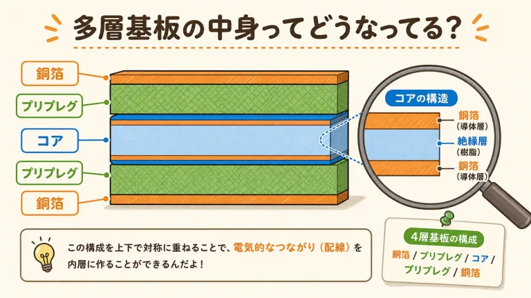 多層基板の構造とは？コア材とプリプレグの違い、4層基板の層構成を図解